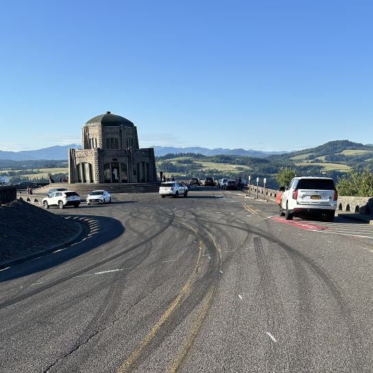 Tire marks in the parking lot of the Vista House at Crown Point.
