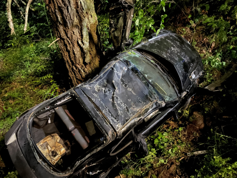 Crashed Hyundai Sedan in ravine.