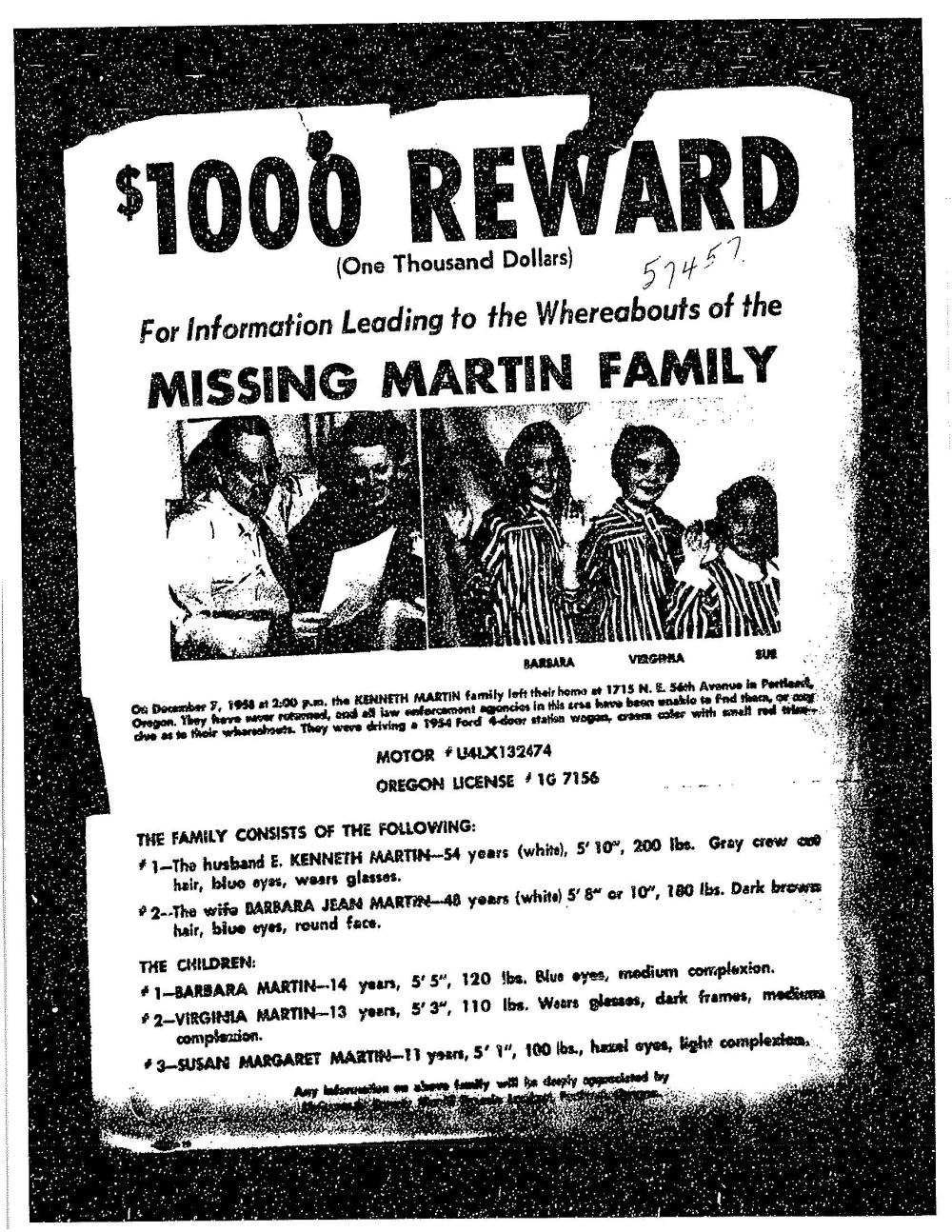 A reward flyer printed on paper in 1958 showing photos of the family and describing the descriptions of the missing people