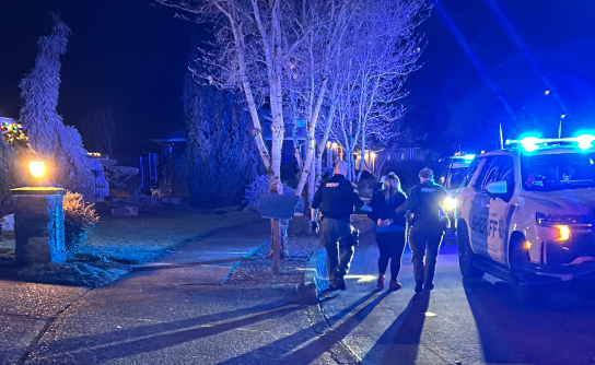 Two deputies walk woman in handcuffs to patrol car.